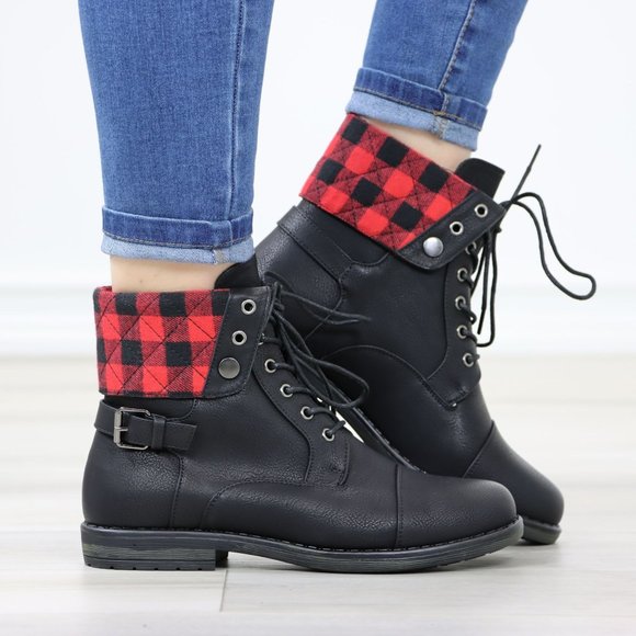 Forever Shoes - Buffalo Red Black Plaid Combat Ankles Boots Black Faux Leather